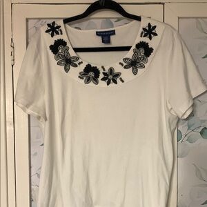 Karen Scott White Top with Black Floral Embroidery. Worn once